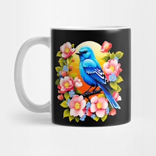 Cute Blue Bird Surrounded by Bold Vibrant Spring Flowers Mug